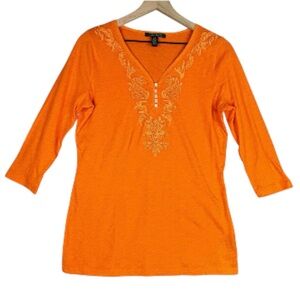 Lauren‎ Ralph Lauren Shirt Womens Small Orange Henley V-Neck Buttons Y2K
